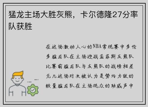 猛龙主场大胜灰熊，卡尔德隆27分率队获胜