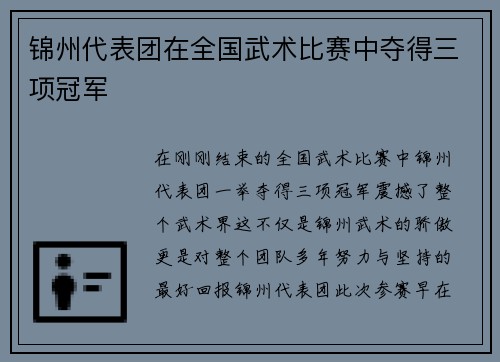 锦州代表团在全国武术比赛中夺得三项冠军